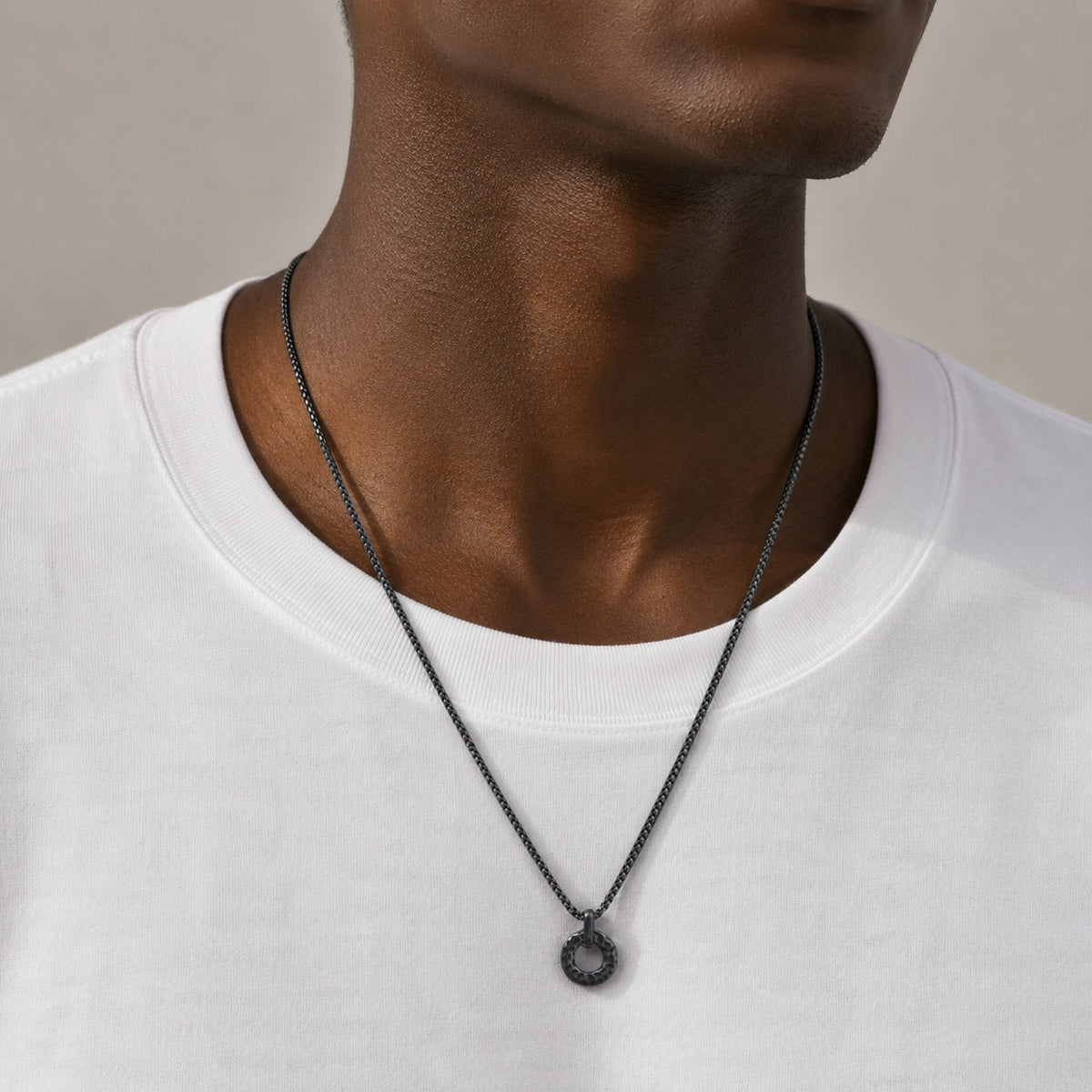 Kemstone Hammered Circle Pendant Necklace for Men Stainless Steel Vintage Gray NC-3011