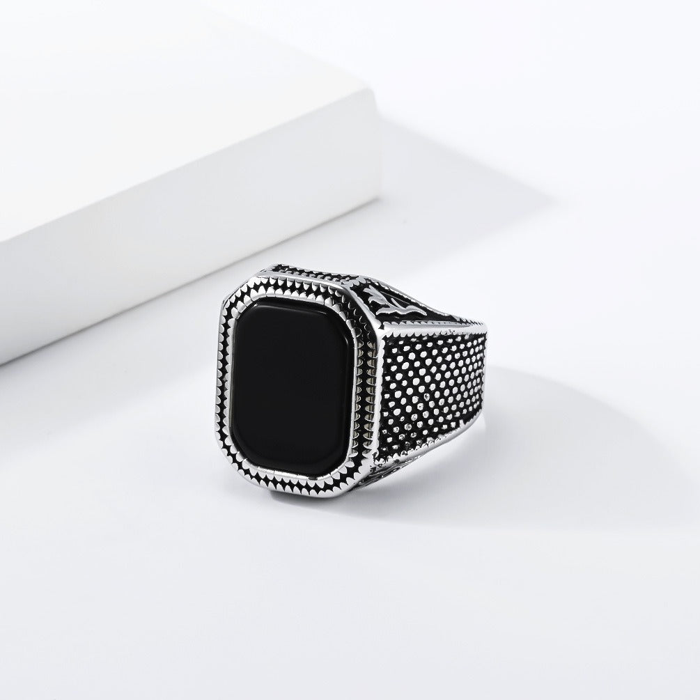 Kemstone Black Stone Signet Ring for Men Stainless Steel Textured Wide Band Vintage K-R1210