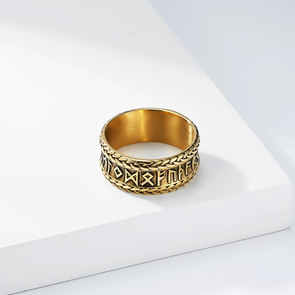 Kemstone Stainless Steel Viking Rune Ring for Men Wide Engraved Silver Gold Black K-R1151