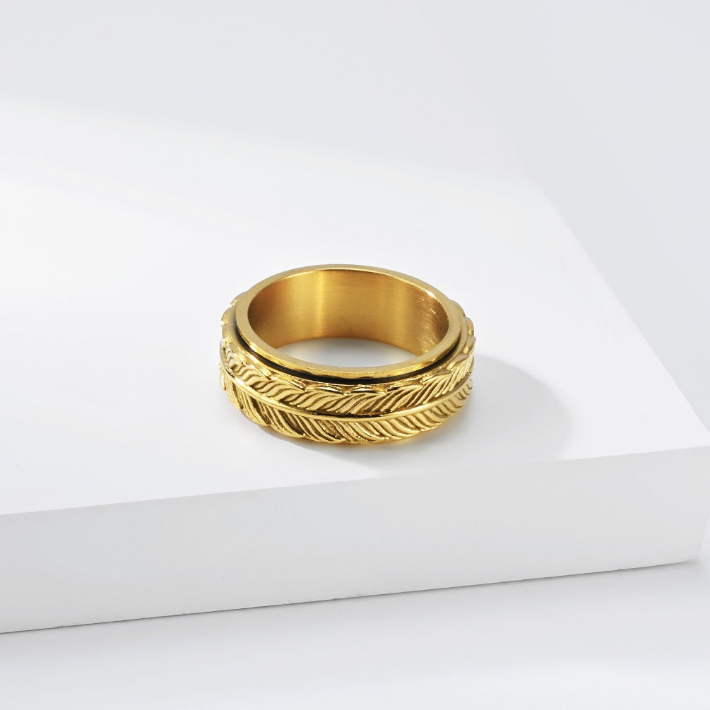 Kemston Feather Spinner Ring for Men Stainless Steel Rotating Vintage Band K-R1196