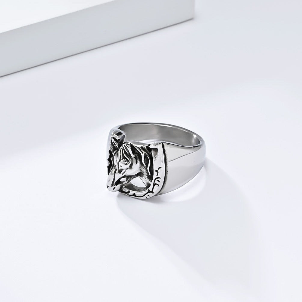 Kemstone Stainless Steel Horse Head Ring – Vintage Horseshoe Signet for Men K-R987