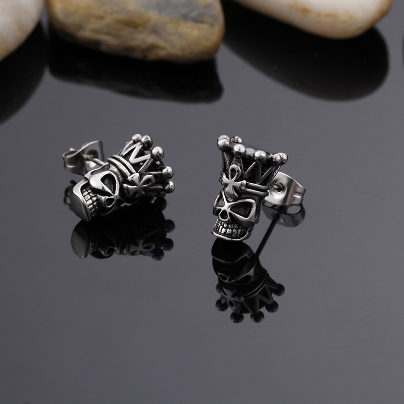 Kemstone Crowned Skull Cubic Zirconia Stud Earrings for Men – Titanium Steel Vintage Silver KE71702
