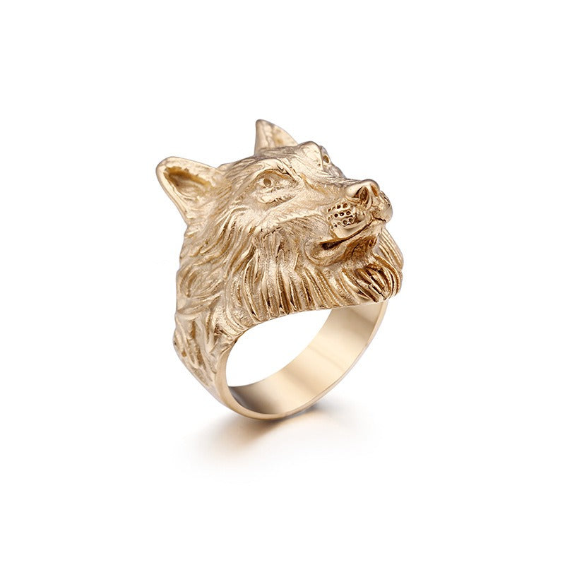 Kemstone Vintage Viking Wolf Head Titanium Steel Ring & Double Wolf Head Chain Bracelet Set - Punk Celtic Knot Adventure Jewelry for Men 	KR48275