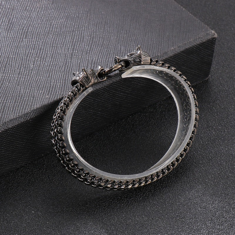 Kemstone Double Wolf Head Bracelet – Titanium Steel Braided Chain Hip Hop Style for Men KB151774-KFC