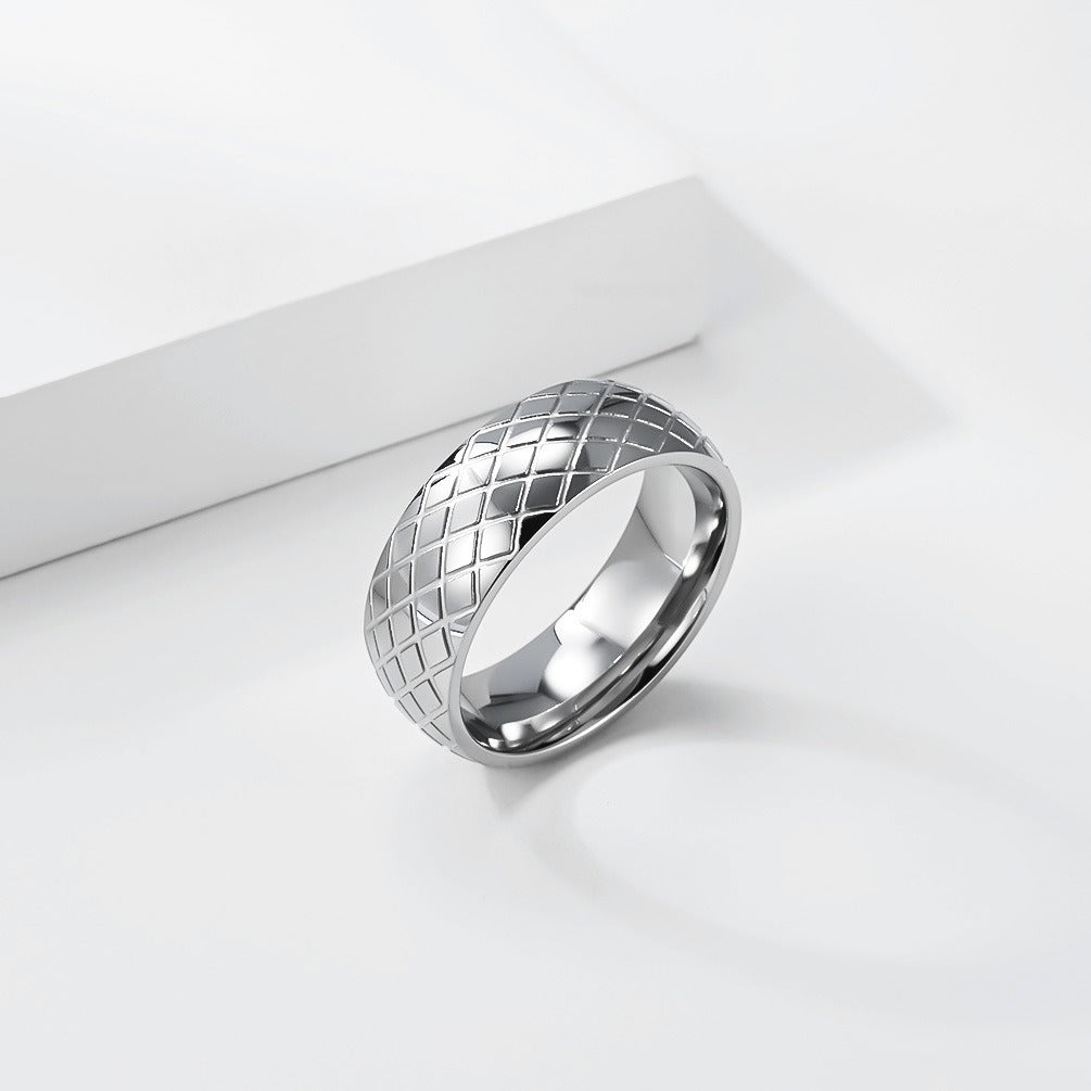 Kemstone Stainless Steel Geometric Grid Ring for Men 8mm Vintage Textured Pattern K-R1183