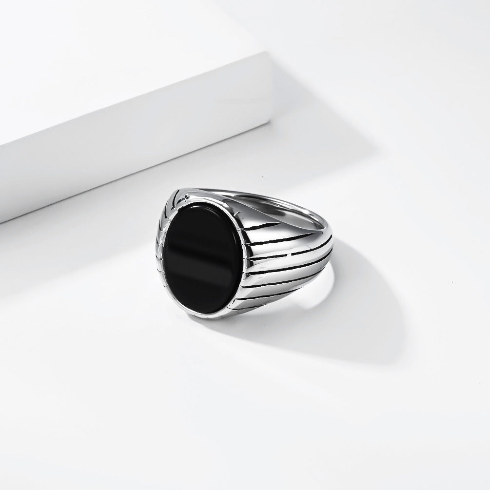 Kemstone Stainless Steel Black Stone Signet Ring for Men – Modern Masculine Oval Band K-R1175