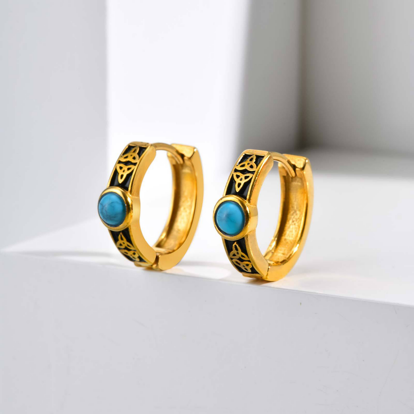 Kemstone Men’s Stainless Steel Turquoise Hoop Earrings Celtic Knot  EH-748
