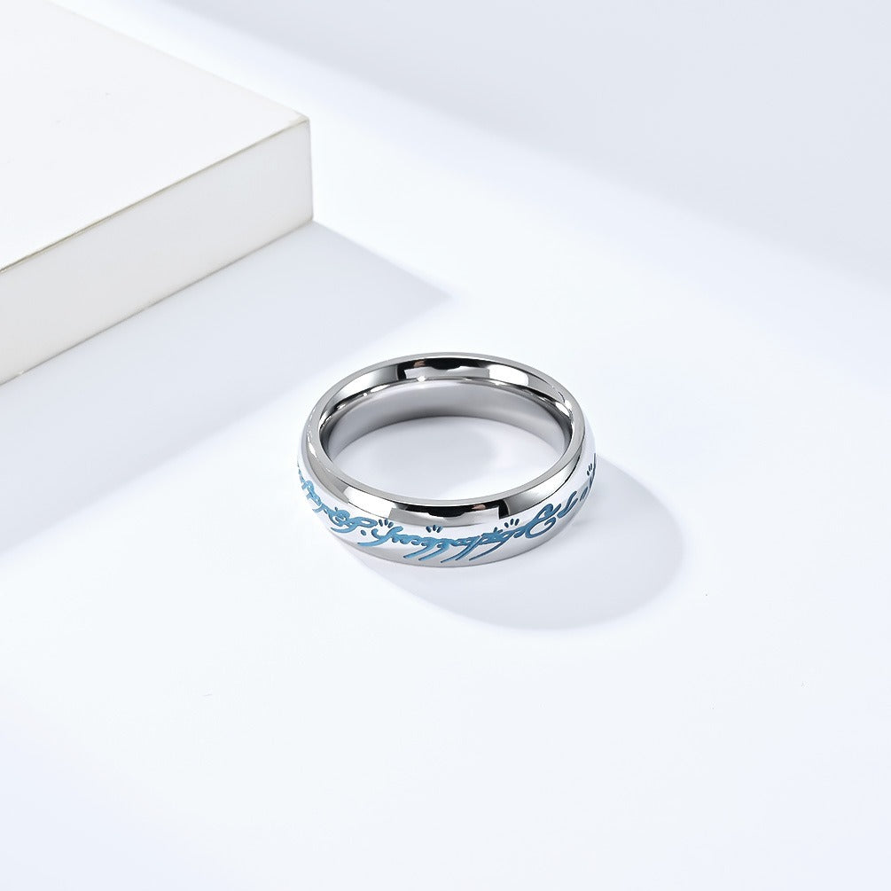 Kemstone Glow in the Dark Elvish Ring – Titanium Steel Script Band Gothic Norse Fantasy | K-R740