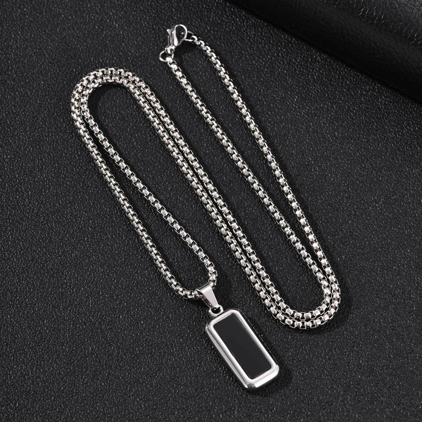 Kemston Carbon Fiber Pendant Necklace for Men Stainless Steel Black Rectangle Design PN-2319