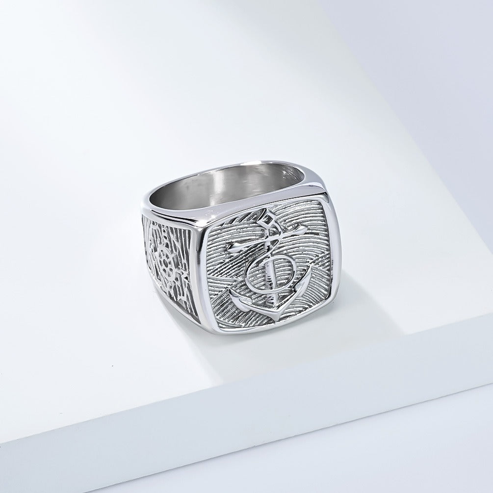 Kemston Nautical Anchor Ship Wheel Ring for Men Stainless Steel Vintage Marine Style K-R1054