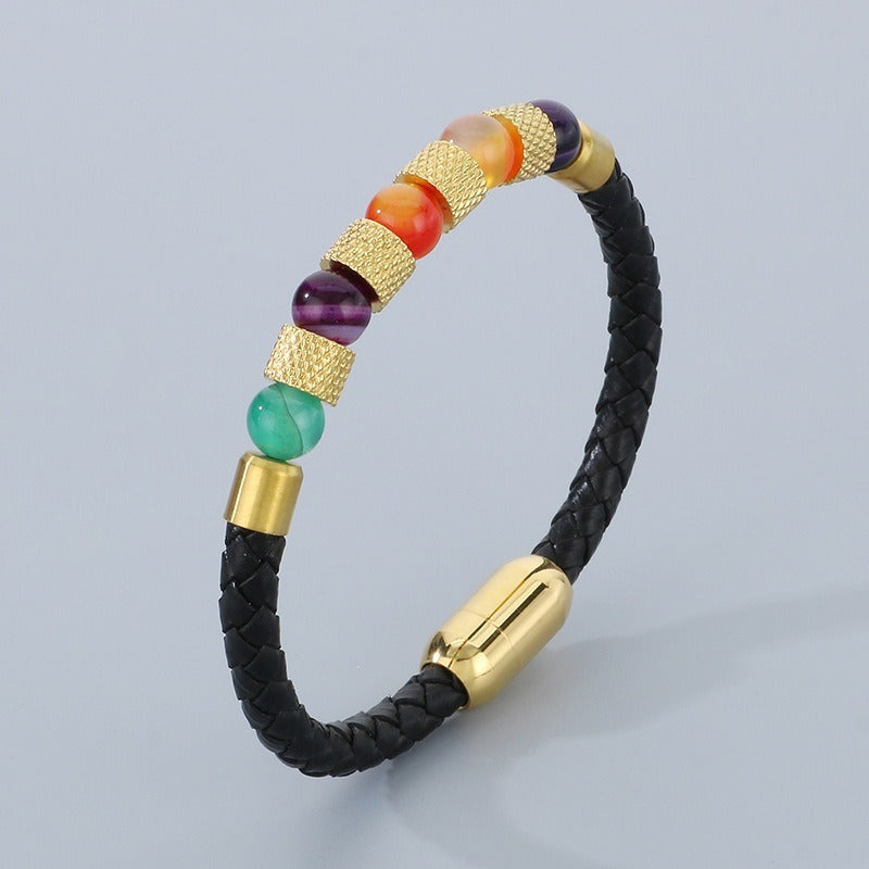 Kemstone Braided Faux Leather Quartz Bead Bracelet for Men KB179957-YA