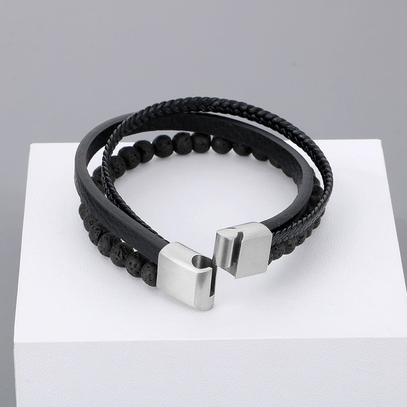 Kemstone Volcanic Rock Bracelet for Men Leather Stainless Steel Multi Layer KB180736-JR