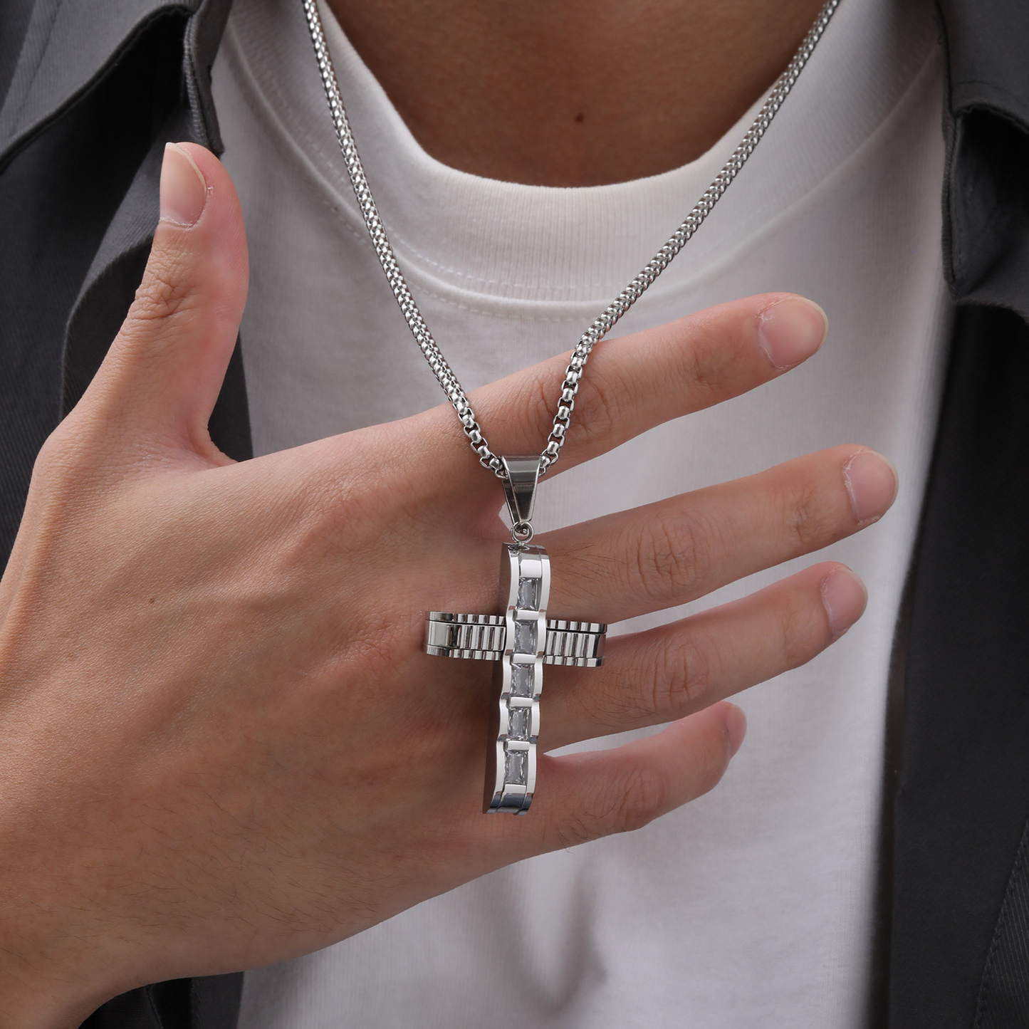 Kemstone Stainless Steel Cross Pendant Necklace for Men Square Cubic Zirconia Silver PN2058