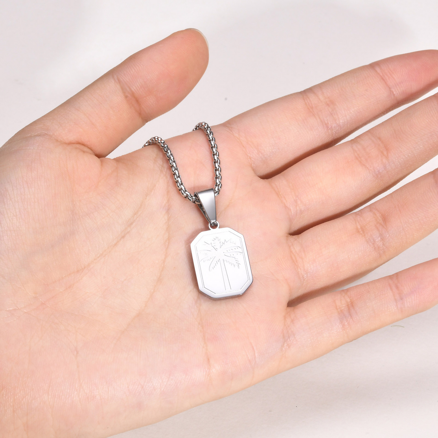 Kemstone Stainless Steel Palm Tree Pendant Necklace – Etched Rectangle Tag, Gold Silver PN-1990