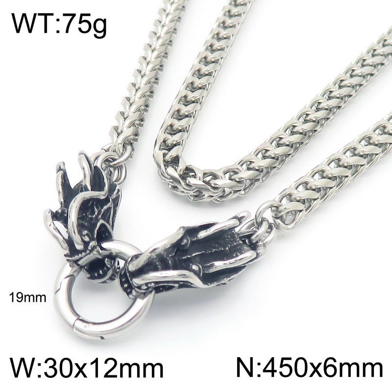 Kemstone Dragon & Skull Clasp Chain Necklace – 6mm Stainless Steel Viking Punk Style KN290995-Z