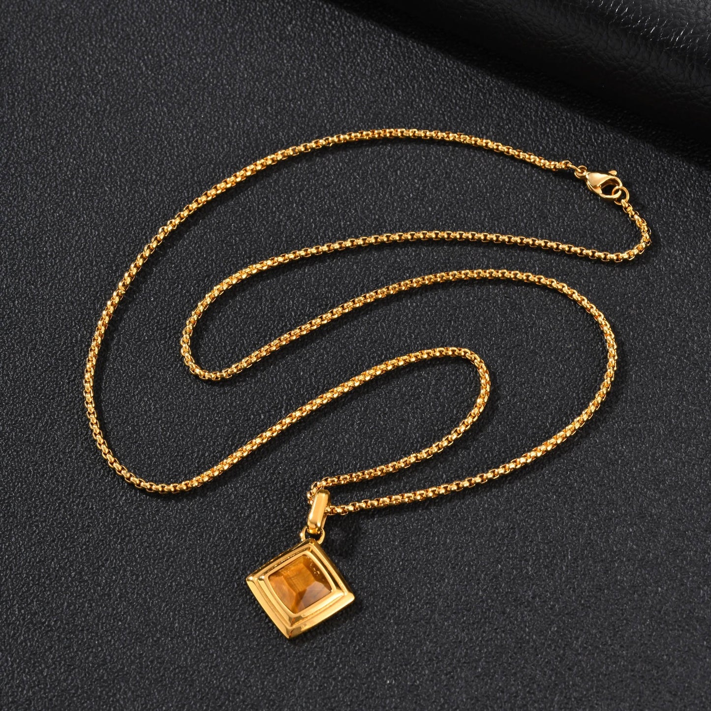 Kemston Tiger Eye Square Pendant Necklace for Men Stainless Steel Geometric Stone Design PN-2436