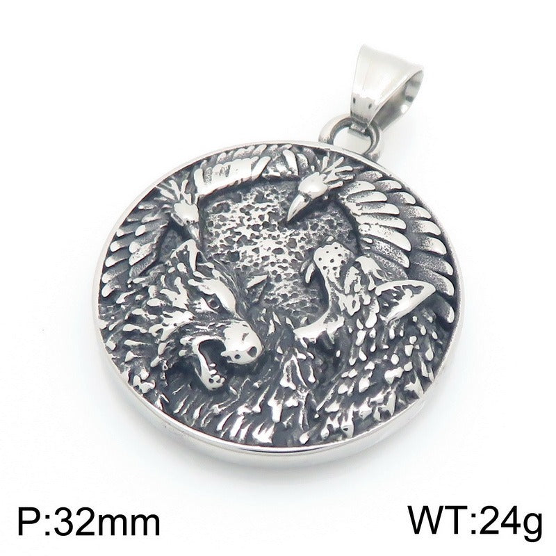 Kemstone Viking Axe Raven Wolf Pendant Necklace Stainless Steel - Rune Coin Norse Style Men KP117708-LU