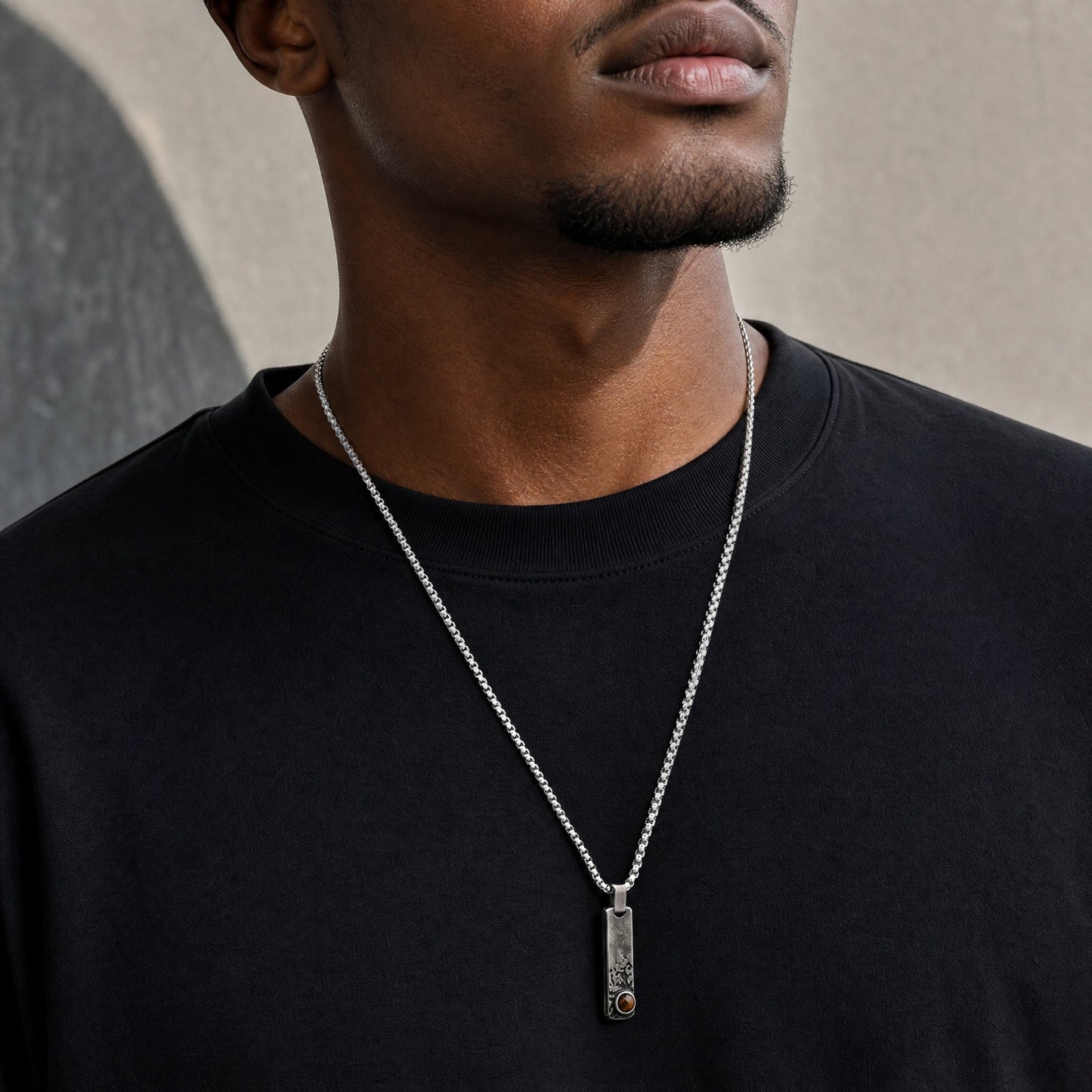 Kemstone Rectangular Tiger Eye Pendant Necklace for Men Stainless Steel Vintage Detail PN2384