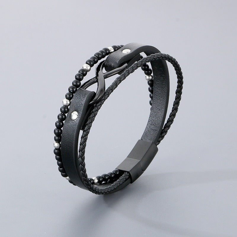 Kemstone Layered Leather Beaded Infinity Bracelet for Men Stainless Steel Clasp Wristband KB180750-JR
