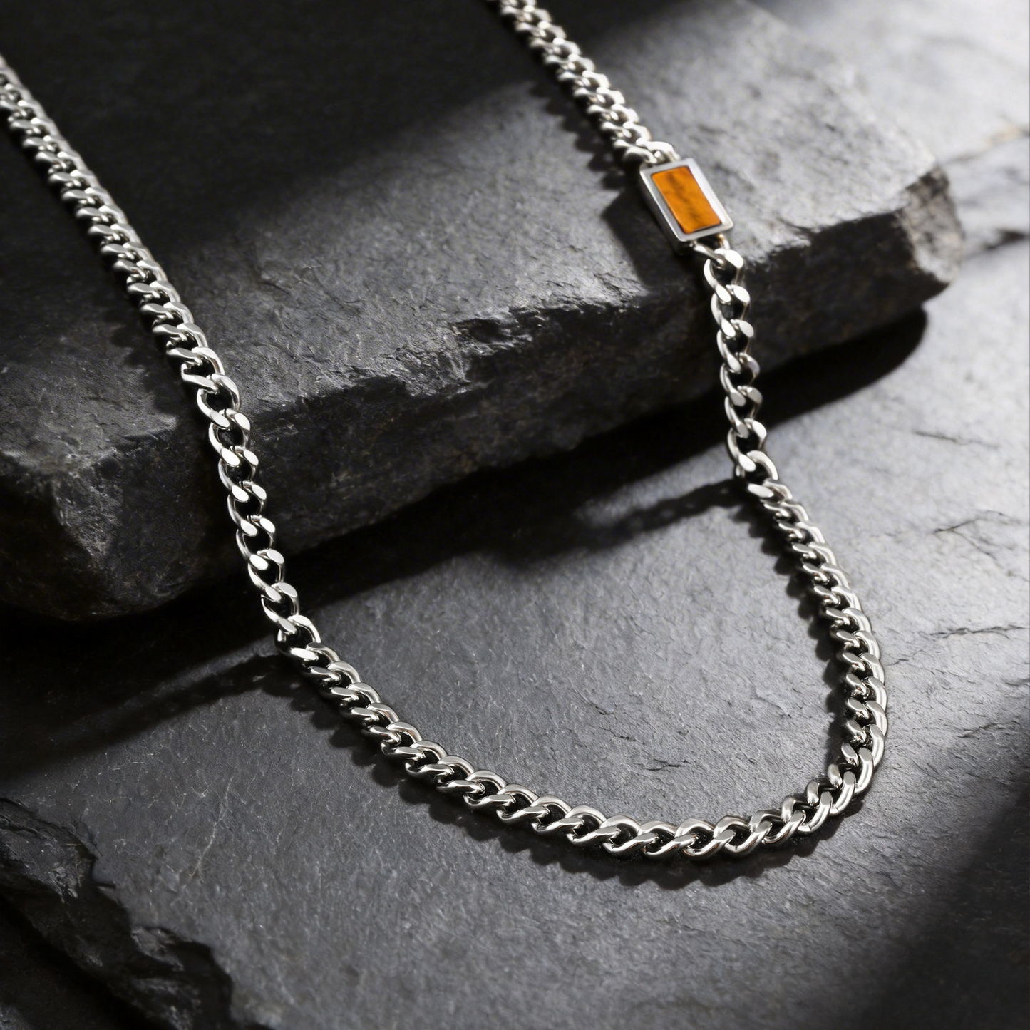 Kemstone Stainless Steel Chain Necklace for Men – Square Tiger Eye Detail Minimal Style NC-2255
