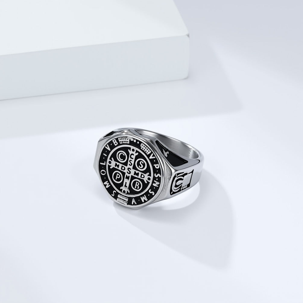 Kemstone Men’s Stainless Steel St. Benedict Cross Ring – Vintage Protection Jewelry K-R1092