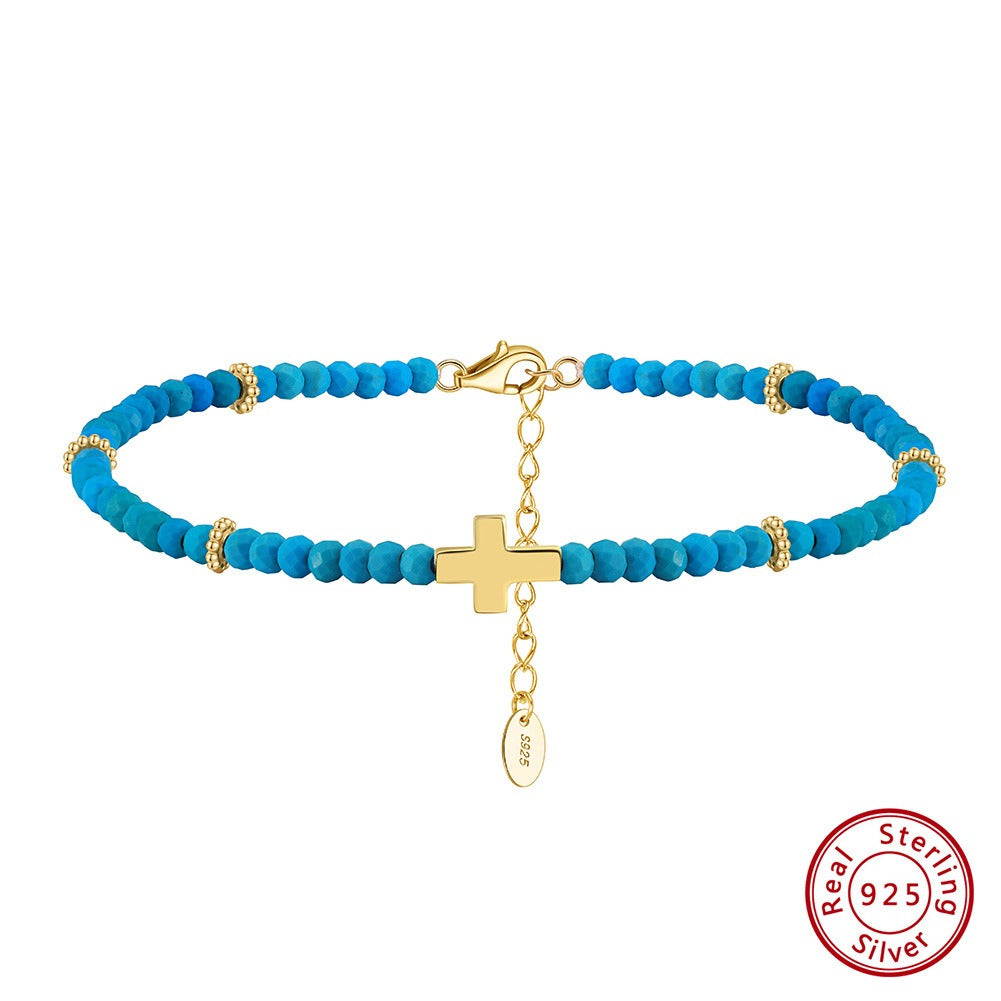 Kemstone 925 Sterling Silver Turquoise Anklet for Women Cross Charm Beaded Chain SA86