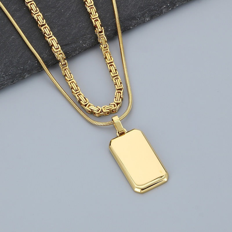 Kemstone Layered Rectangular Pendant Necklace for Men - Titanium Steel Double Chain KN283138-KFC