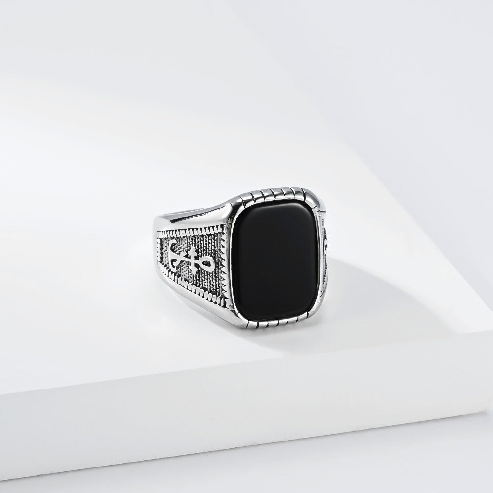 Kemstone Anchor Square Signet Ring for Men Stainless Steel Vintage Stone Detail K-R1212