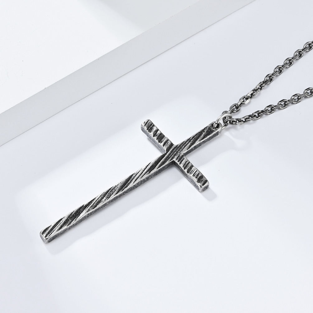 Kemstone Slim Textured Cross Pendant Necklace for Men Stainless Steel Vintage K-PT547
