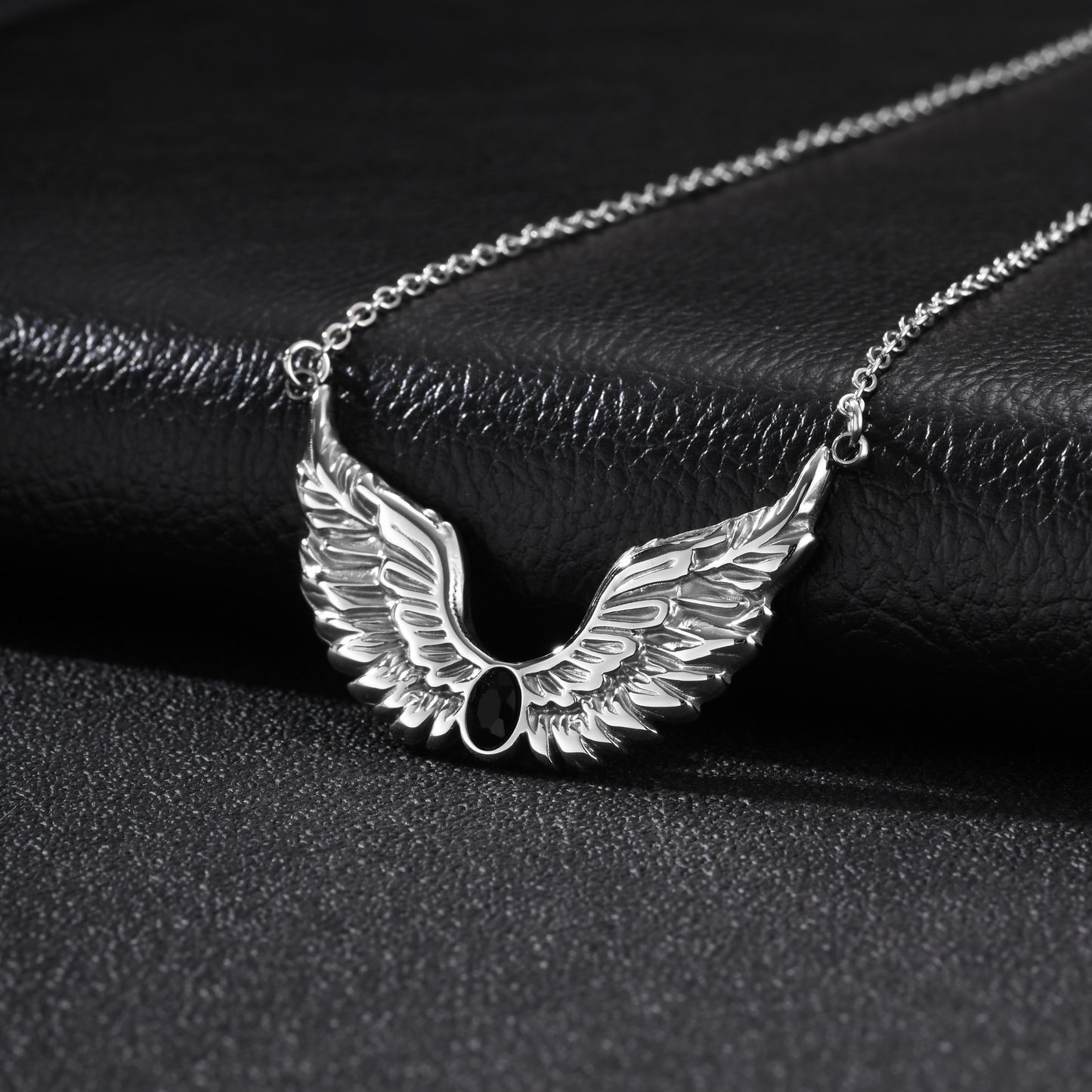 Kemston Stainless Steel Feather Wing Necklace for Men Cubic Zirconia Inlay NC-2878