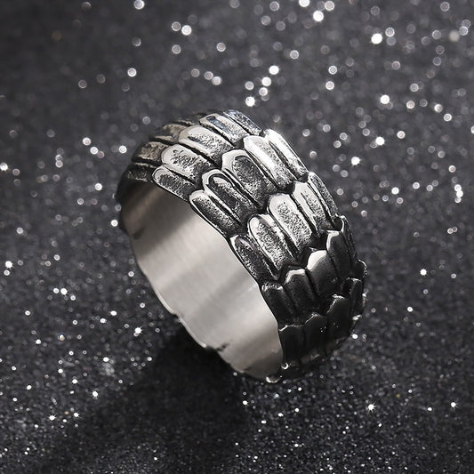Kemstone Blackened Dragon Scale Ring - Raw-Edged Punk Jewelry for Rebellious Souls KR103316-KJX