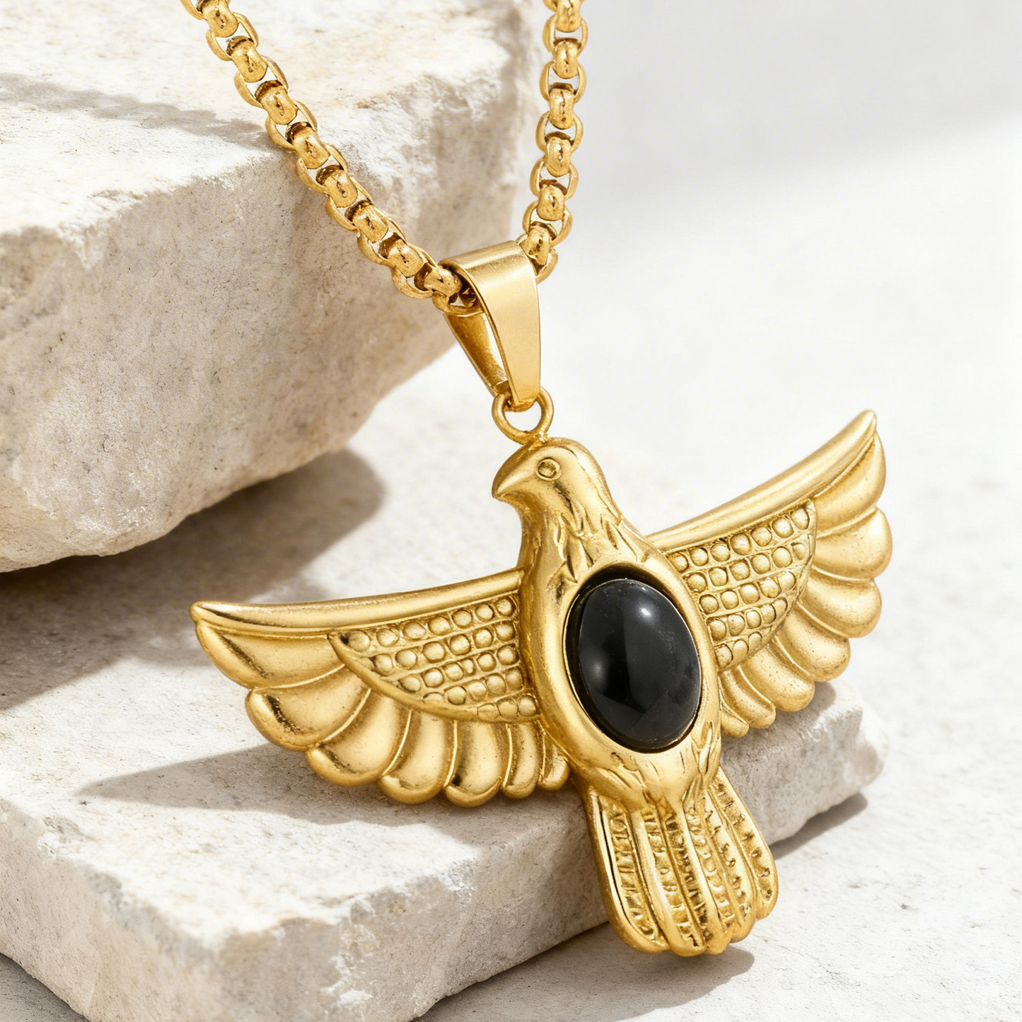 Kemstone Eagle Wing Pendant Necklace Stainless Steel Gold Black Detail for Men Women PN-2331