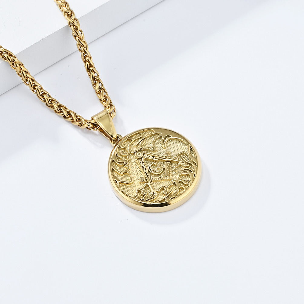 Kemstone Men’s Stainless Steel Necklace – Vintage Masonic-Style Round Pendant K-PT564