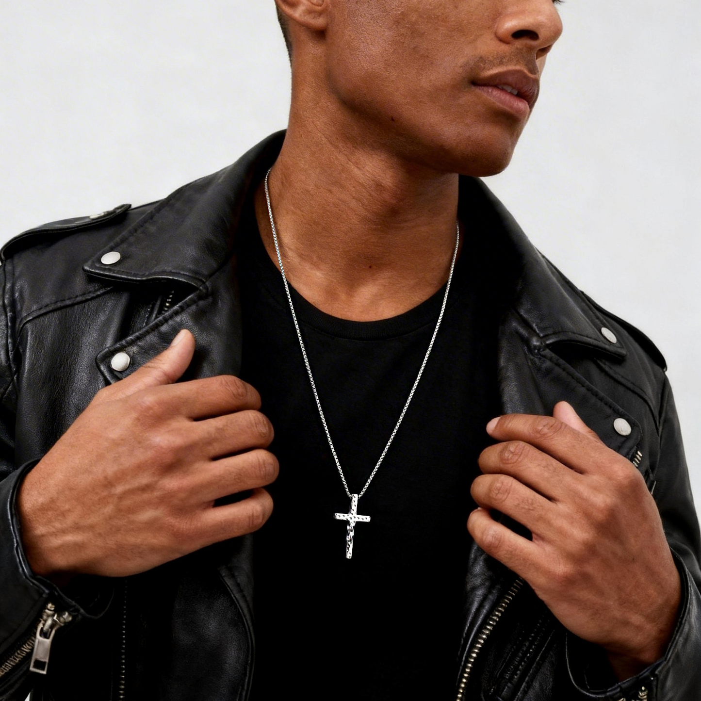 Kemstone Cross Pendant Necklace Stainless Steel Hammered Twisted Design for Men NC-2636S