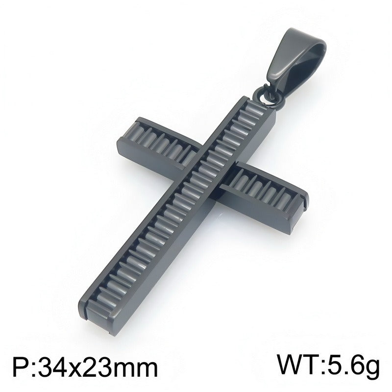 Kemstone Layered Cross Pendant Necklace for Men Stainless Steel Ribbed Design KP119486-HR