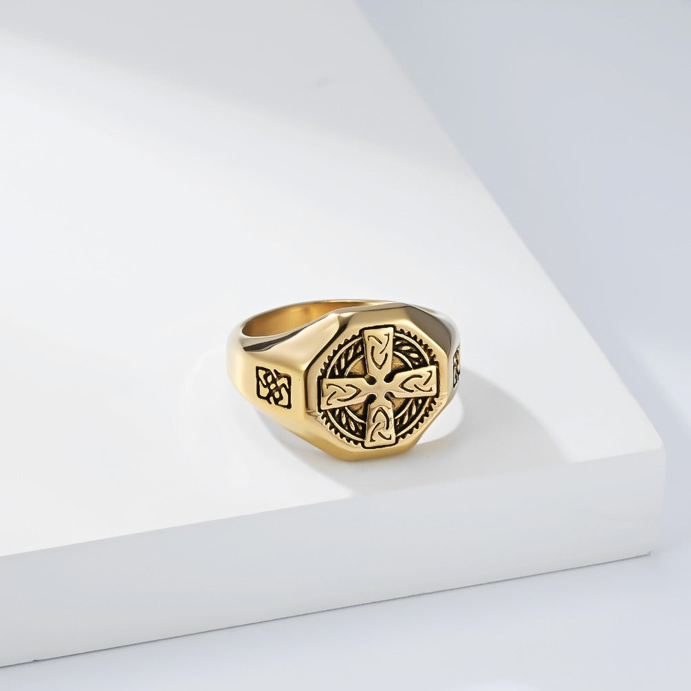 Kemstone Stainless Steel Celtic Cross Ring for Men Vintage Knot Signet Nordic Style Silver Gold Black K-R1142