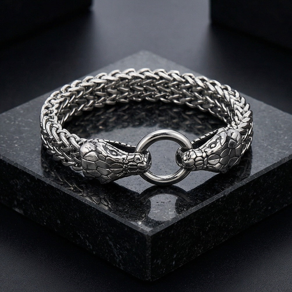 Kemstone Titanium Steel Double Snake Head Chain Bracelet Vintage Style for Men KB139889-KJX