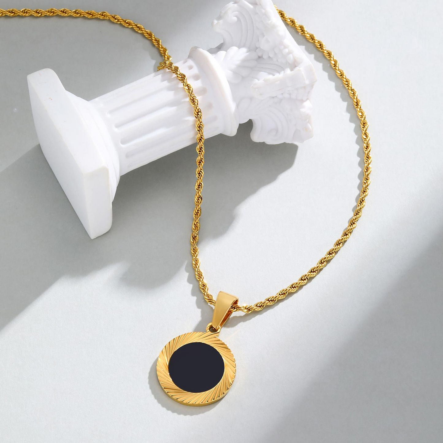 Kemstone Stainless Steel Sunburst Black Acrylic Pendant Necklace for Men PN-2243