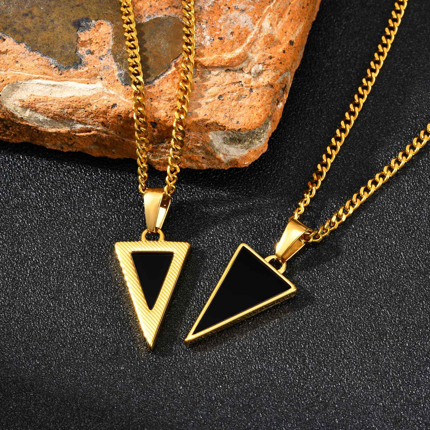 Kemstone Men’s Black Onyx Triangle Necklace – Stainless Steel Modern Pendant PN-2201