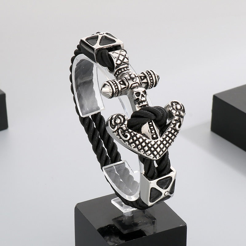 Kemstone Titanium Steel Leather Bracelet for Men Vintage Dragon Tiger Anchor Clasp KB87977-BD