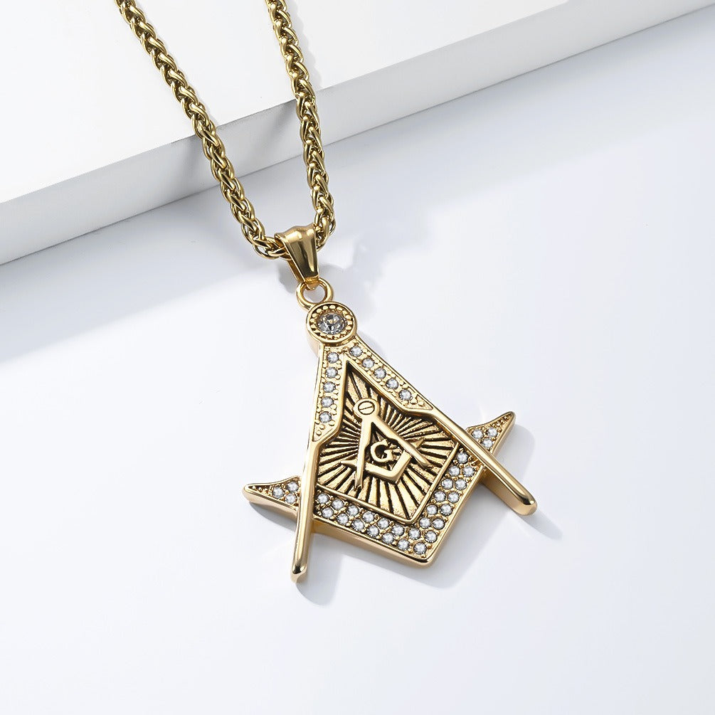 Kemstone Geometric Compass Pendant Necklace for Men Stainless Steel Stone Detail K-PT717
