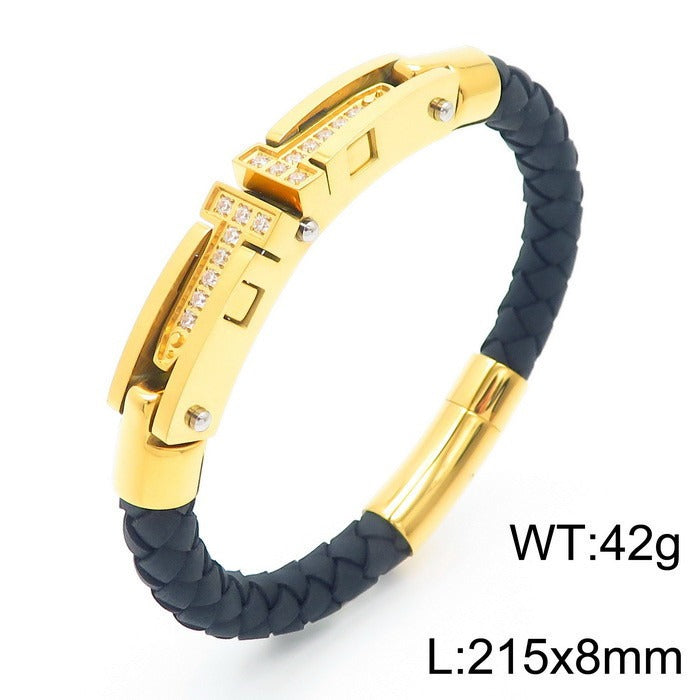 Kemston T-Bar Braided Leather Bracelet for Men Titanium Steel Stone Accent Gold Silver KB163596-KFC
