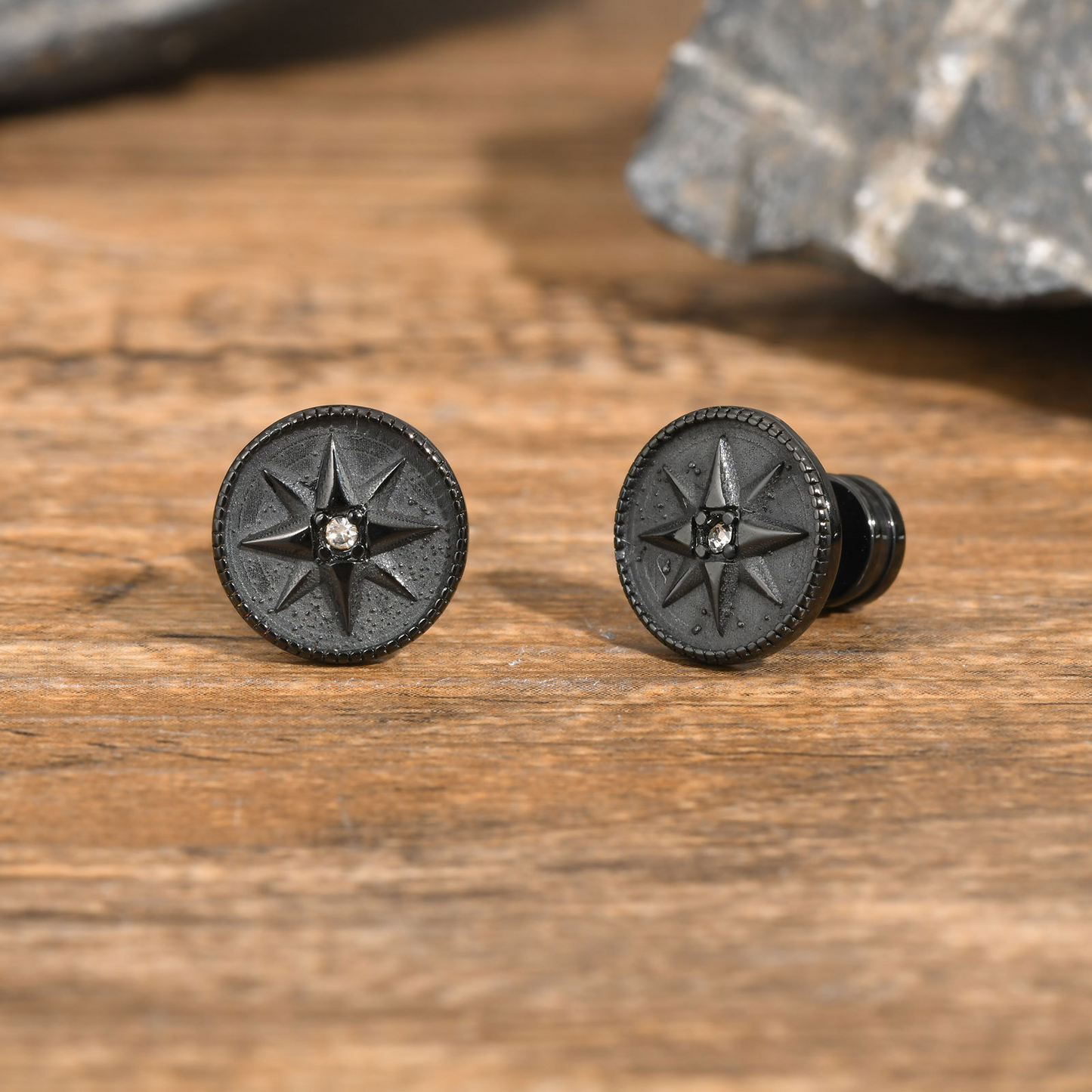Kemstone Men’s Stainless Steel Eight-Point Star Stud Earrings – Black Vintage ES-555