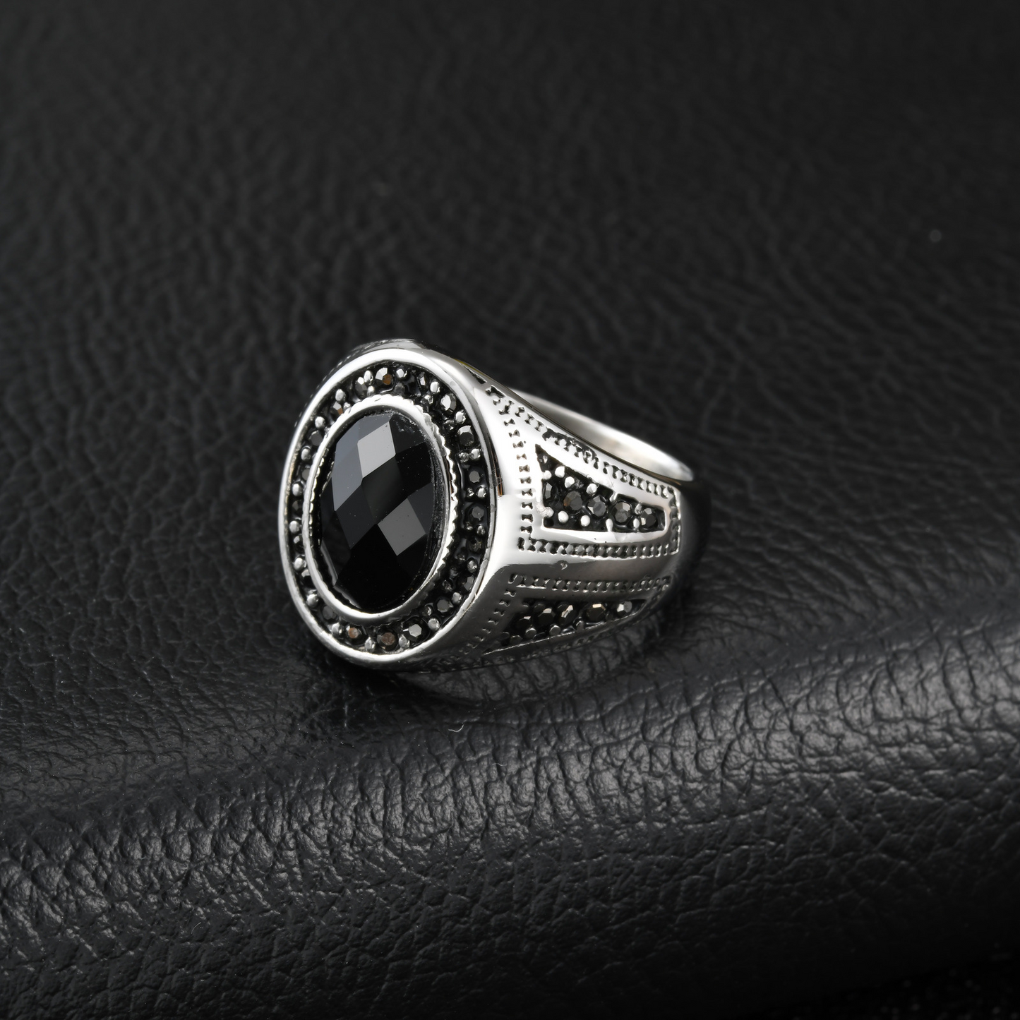 Kemstone Stainless Steel Black Oval Signet Ring Vintage Glass Detail for Men RC-842
