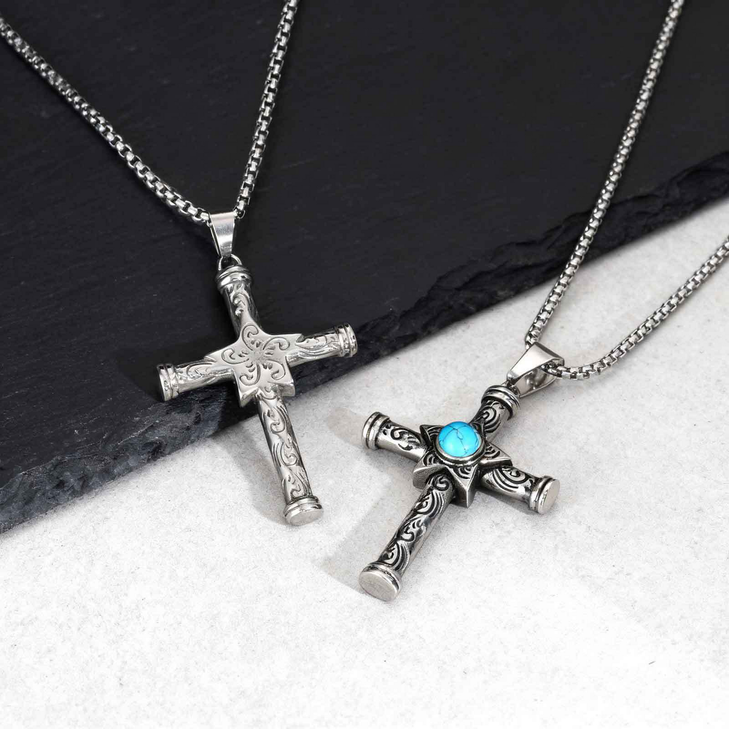 Kemstone Stainless Steel Cross Pendant Necklace Men’s Turquoise Star PN-2235