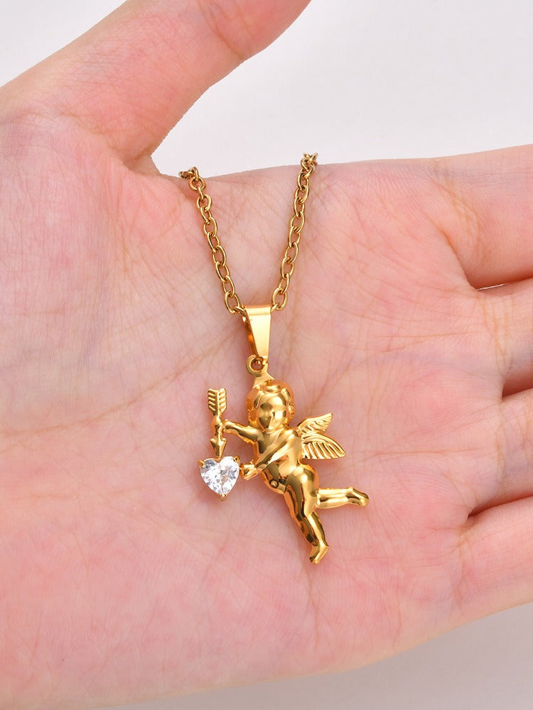 Kemstone Cupid Pendant Necklace for Men & Women Gold Plated Stainless Steel Heart Accent PN-2279