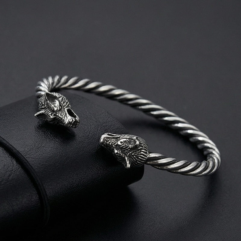 Kemstone Stainless Steel Viking Wolf Skull Cuff Bracelet for Men Twisted Rope Open Bangle KB96851-BD