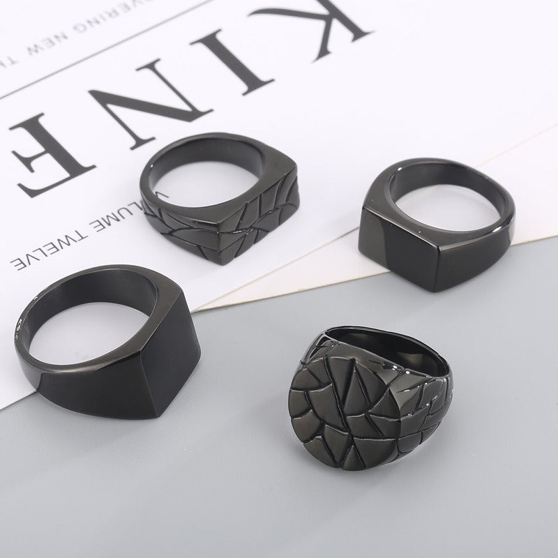 Kemstone Cracked Texture Geometric Stainless Steel Ring – Statement Gothic Jewelry | KR45394-K