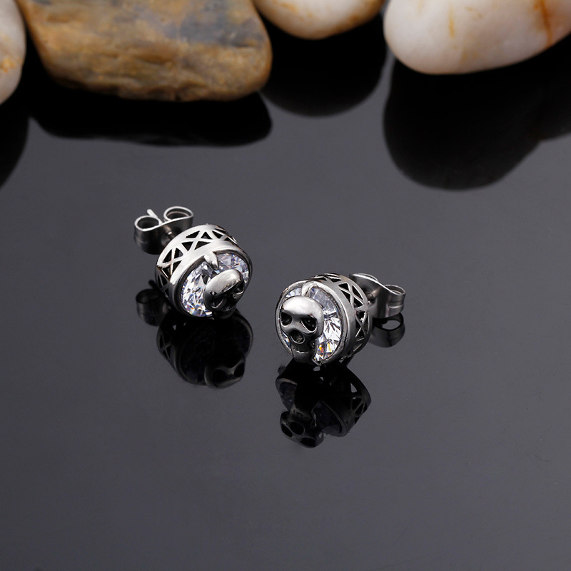 Kemstone Skull Cubic Zirconia Stud Earrings for Men – Titanium Steel Gothic Style KE71215