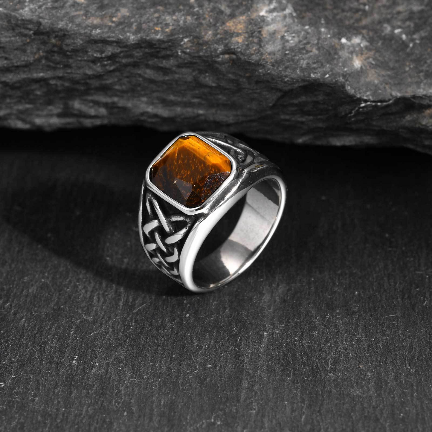 Kemstone Stainless Steel Celtic Knot Turquoise & Tiger Eye Signet Ring for Men RC-605